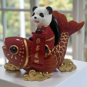 Vintage Feng Shui Lucky Panda Riding Koi Fish - Chinese New Year 7-1/2" Tall